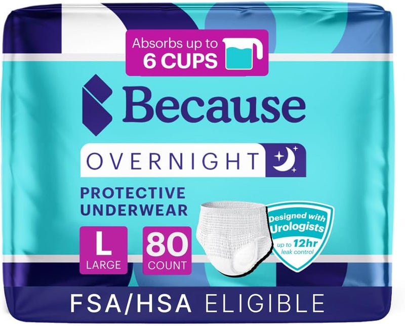 because Overnight Absorbency Pull Ups - Adult Disposable Incontinence Underwear, Extra Absorbent Nighttime Briefs for Men and Women, White, Large, 80 Count (4 Packs of 20) - Image 1